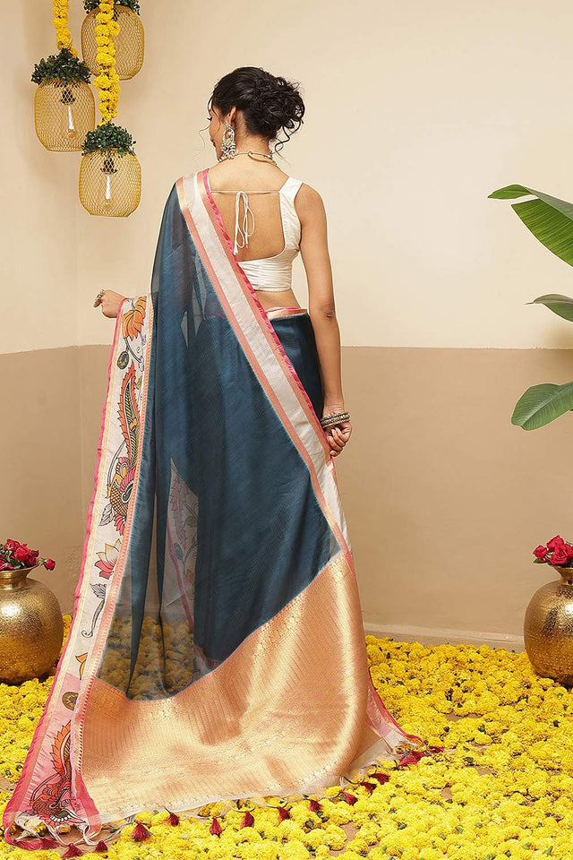 Turquoise Checkered Printed Silk Saree (SZ-DGRIA1-TL-3137)