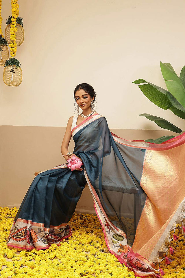 Turquoise Checkered Printed Silk Saree (SZ-DGRIA1-TL-3137)
