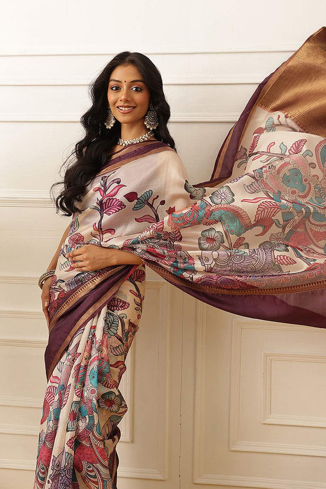 Beige Kalamkari Printed Silk Saree (SZ-DGRIA2-BE-3138)