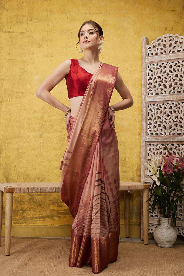 Peach Tusser Soft Silk Stripe Saree