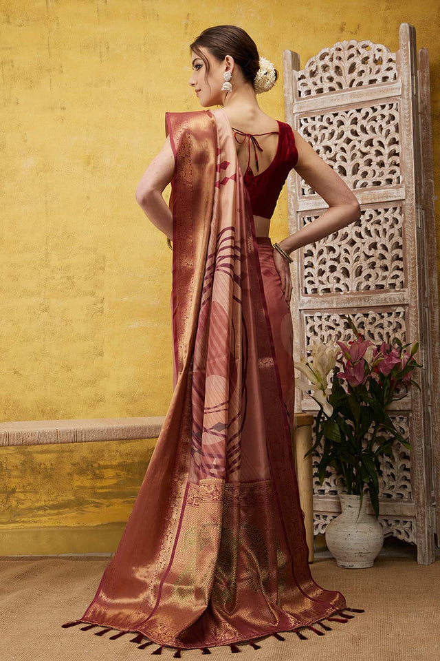 Peach Tusser Soft Silk Stripe Saree