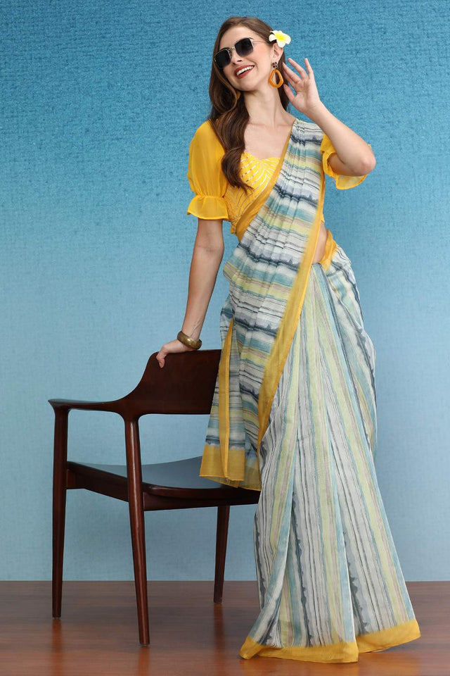 Mustard Stripe Printed Cotton Blend Saree