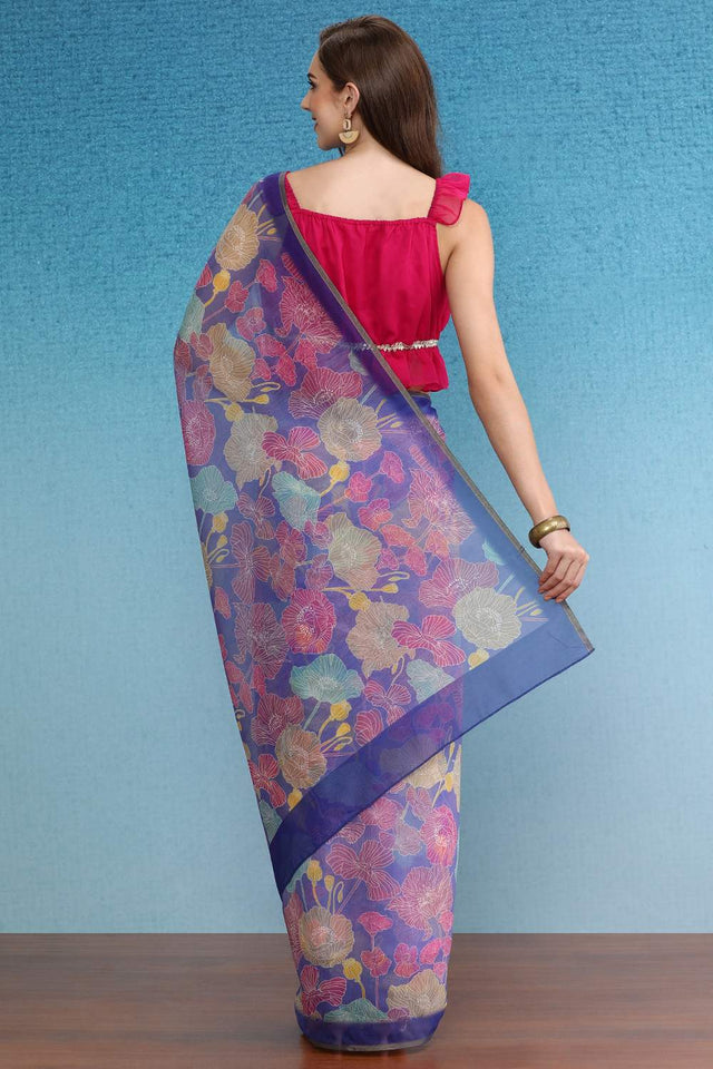 Multi-Color Floral Printed Cotton Blend Saree