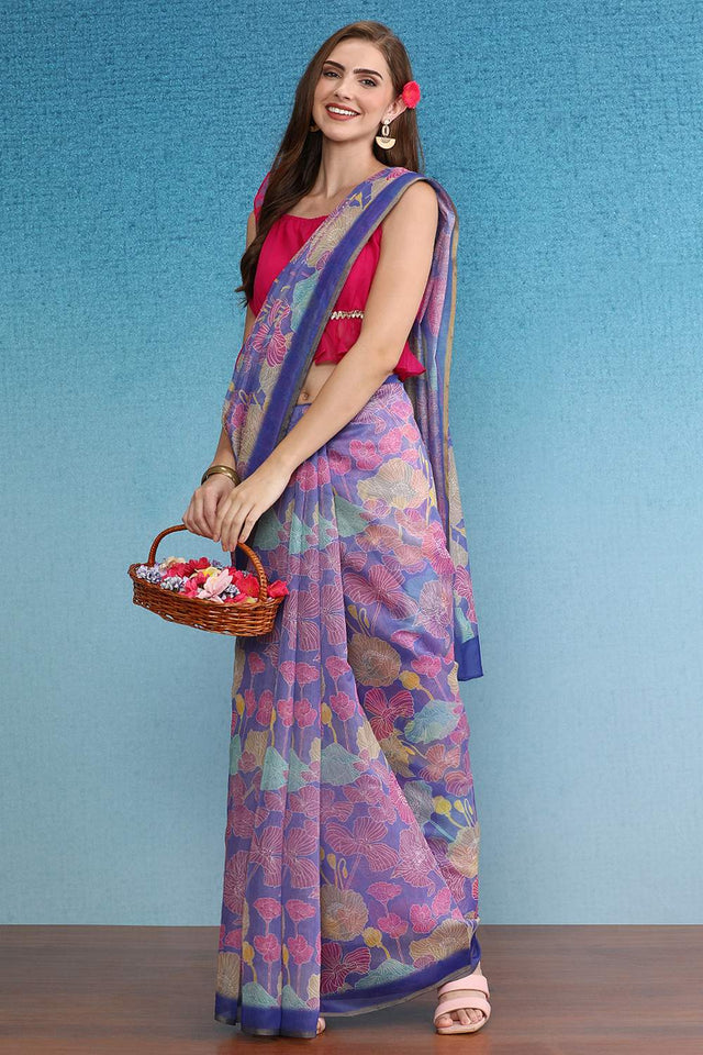 Multi-Color Floral Printed Cotton Blend Saree