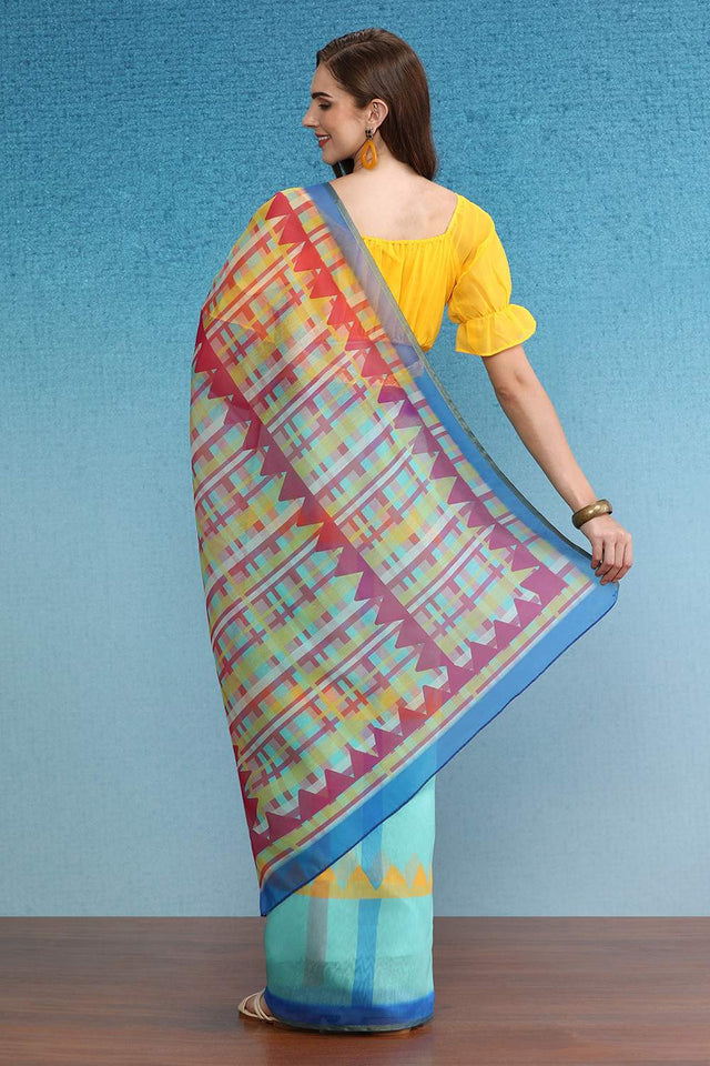 Multi-Color Geometric Printed Cotton Blend Saree