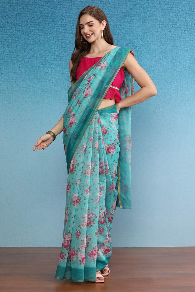 Turquoise Floral Printed Cotton Blend Saree