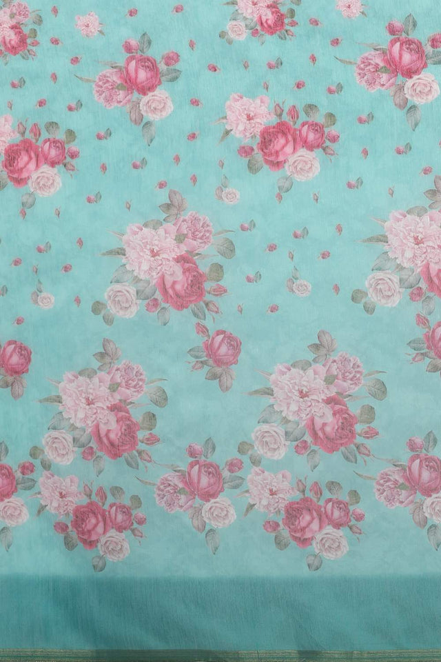 Turquoise Floral Printed Cotton Blend Saree