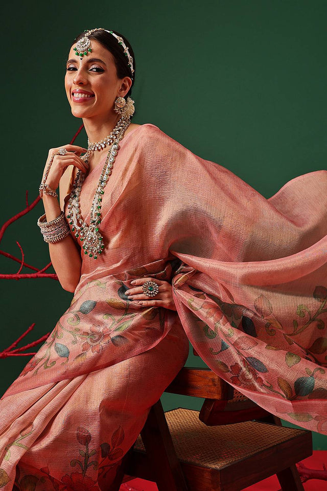 Peach Floral Printed Tissue Saree