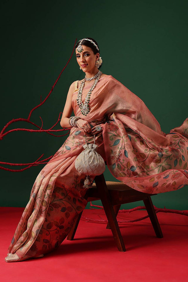 Peach Floral Printed Tissue Saree