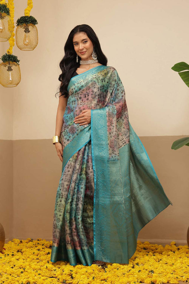 Turquoise Warli Printed Tissue Saree (SZ-DGROSE10-TL-3131)