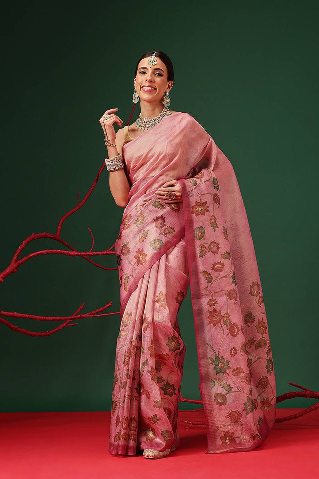 Pink Floral Printed Tissue Saree