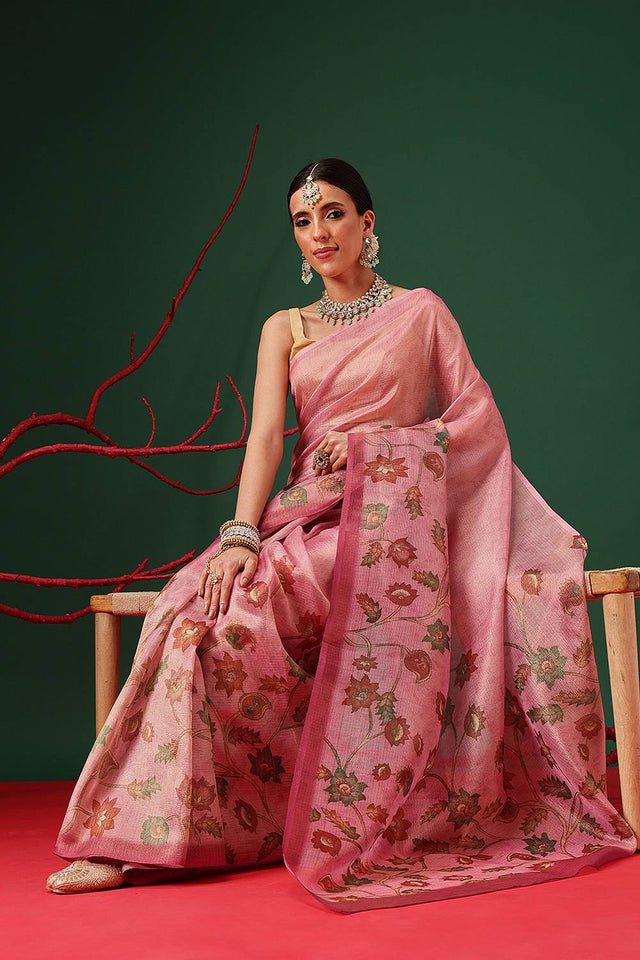 Pink Floral Printed Tissue Saree