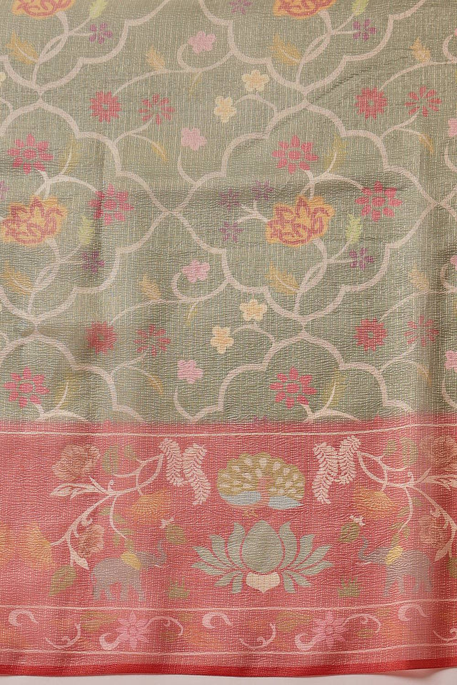 Olive Green Floral Printed Tissue Saree