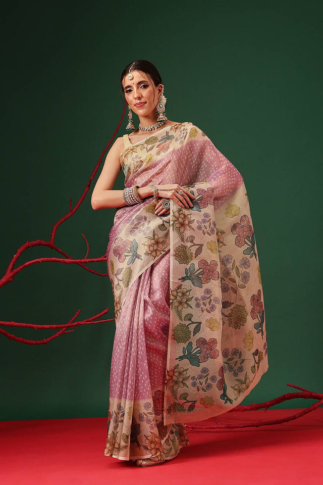 Multi Color Floral Printed Tissue Saree