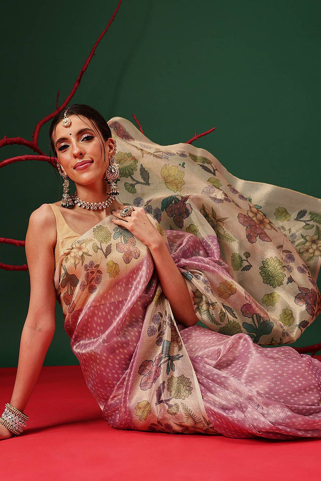 Multi Color Floral Printed Tissue Saree