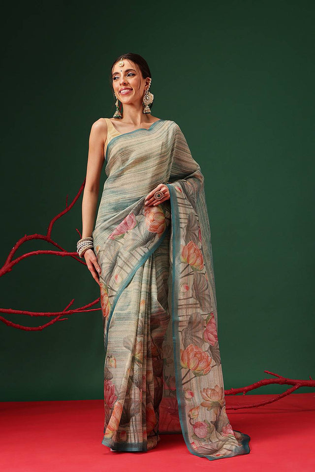 Turquoise Floral Printed Tissue Saree