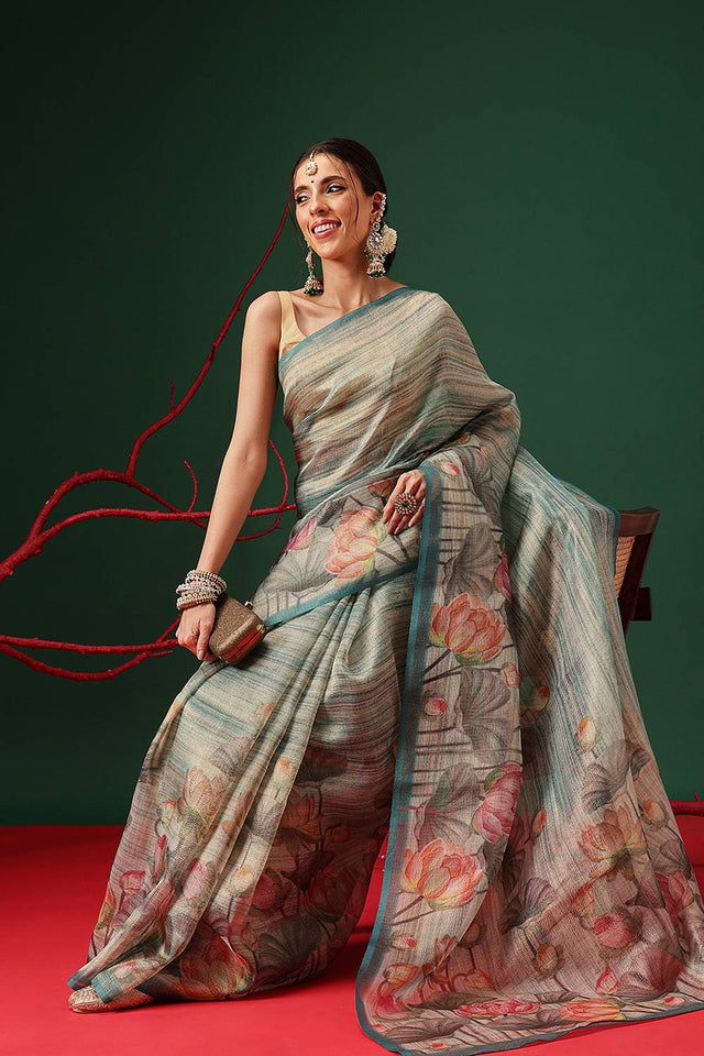 Turquoise Floral Printed Tissue Saree