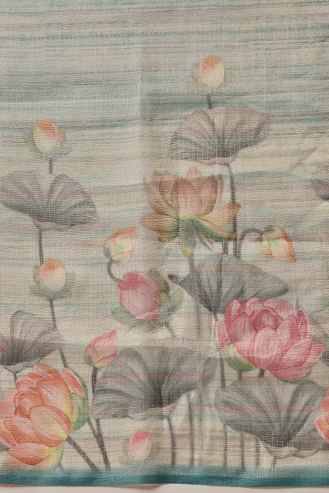 Turquoise Floral Printed Tissue Saree