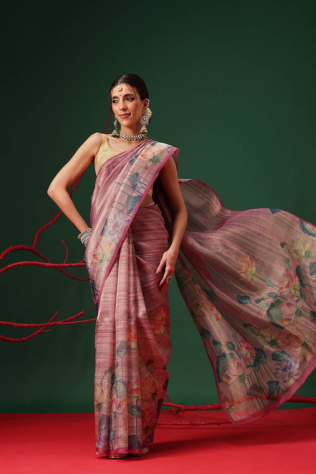 Violet Floral Printed Tissue Saree