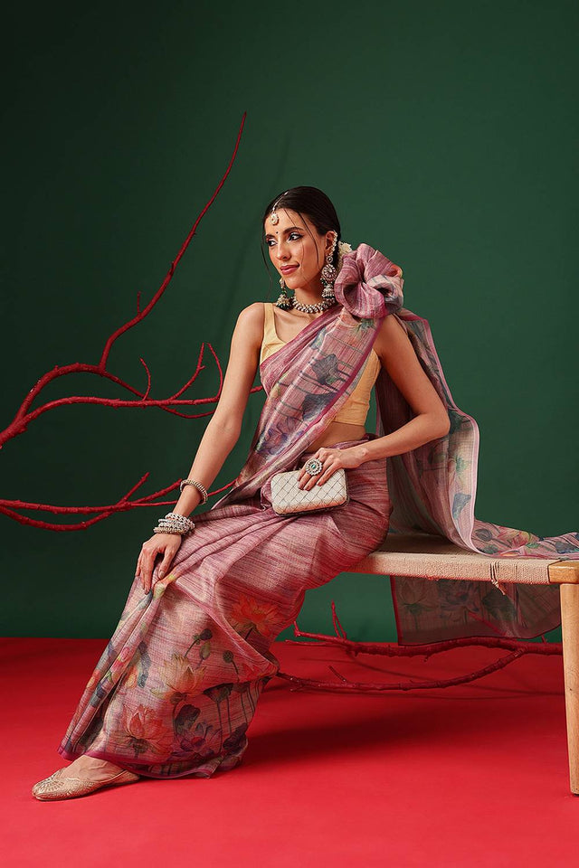 Violet Floral Printed Tissue Saree