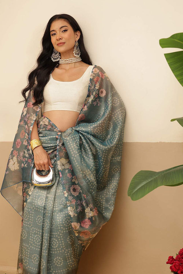 Blue Floral Printed Tissue Saree (SZ-DGROSE9-BU-3126)