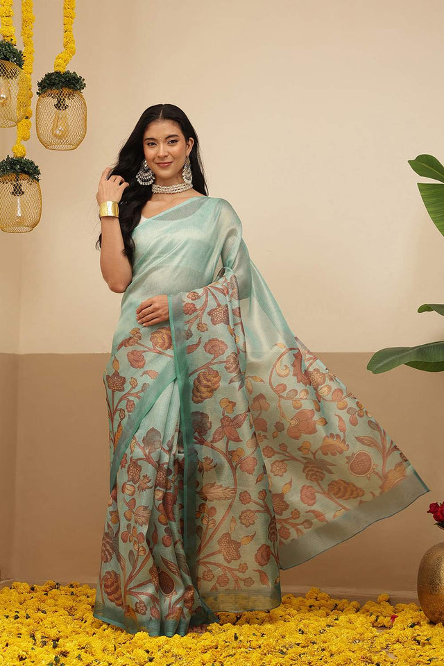Turquoise Floral Printed Tissue Saree (SZ-DGROSE9-TL-3128)