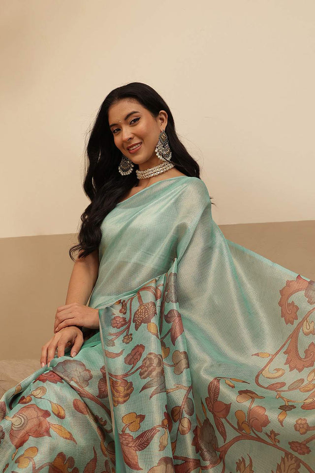 Turquoise Floral Printed Tissue Saree (SZ-DGROSE9-TL-3128)