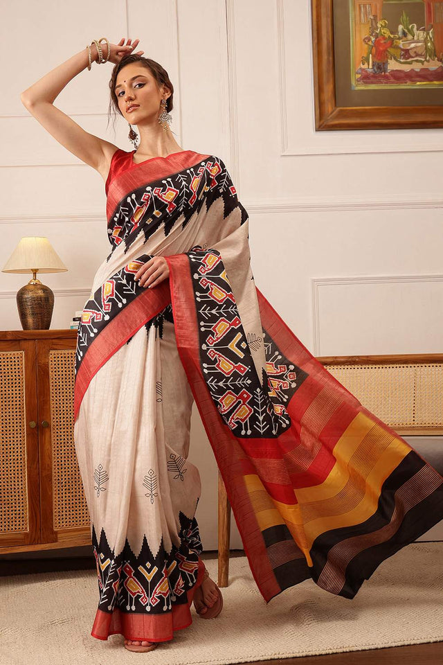 Beige Ikat Printed Silk Saree