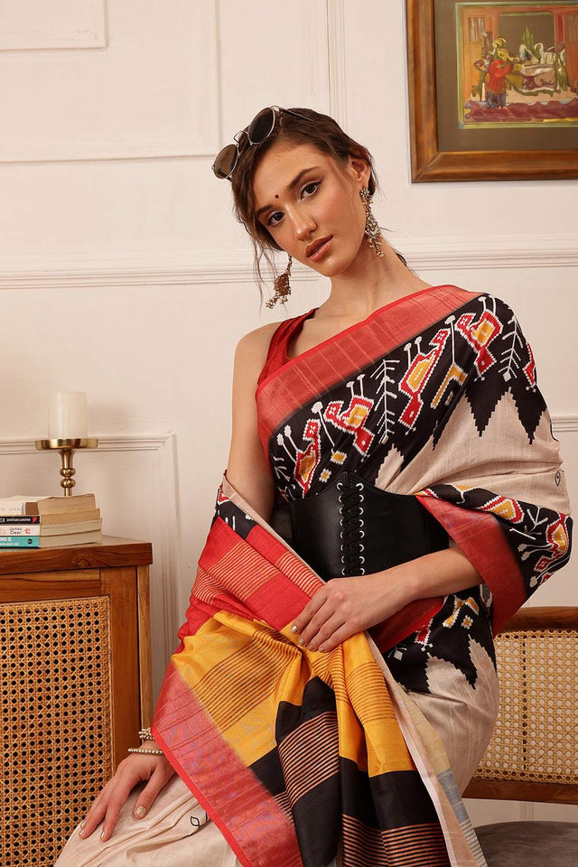 Beige Ikat Printed Silk Saree