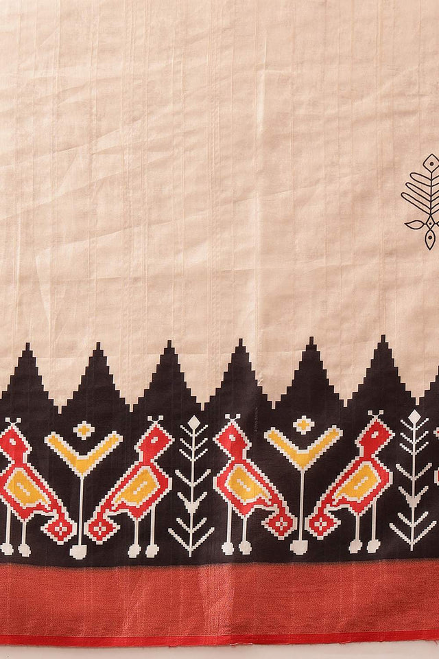 Beige Ikat Printed Silk Saree