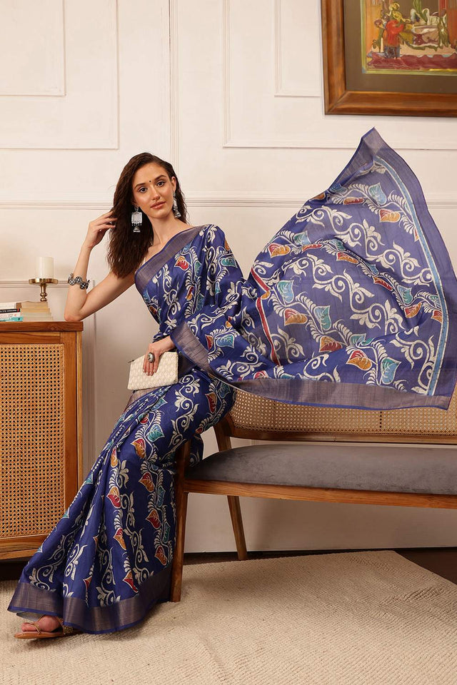 Blue Floral Printed Silk Saree
