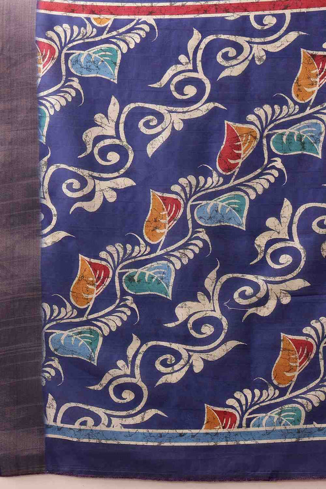 Blue Floral Printed Silk Saree