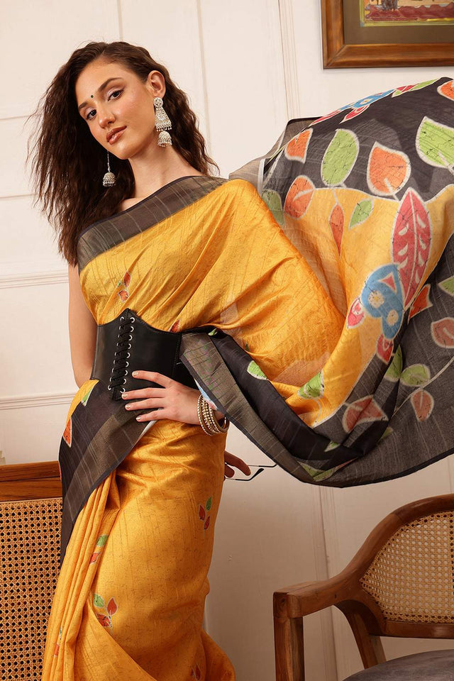 Mustard Floral Printed Silk Saree