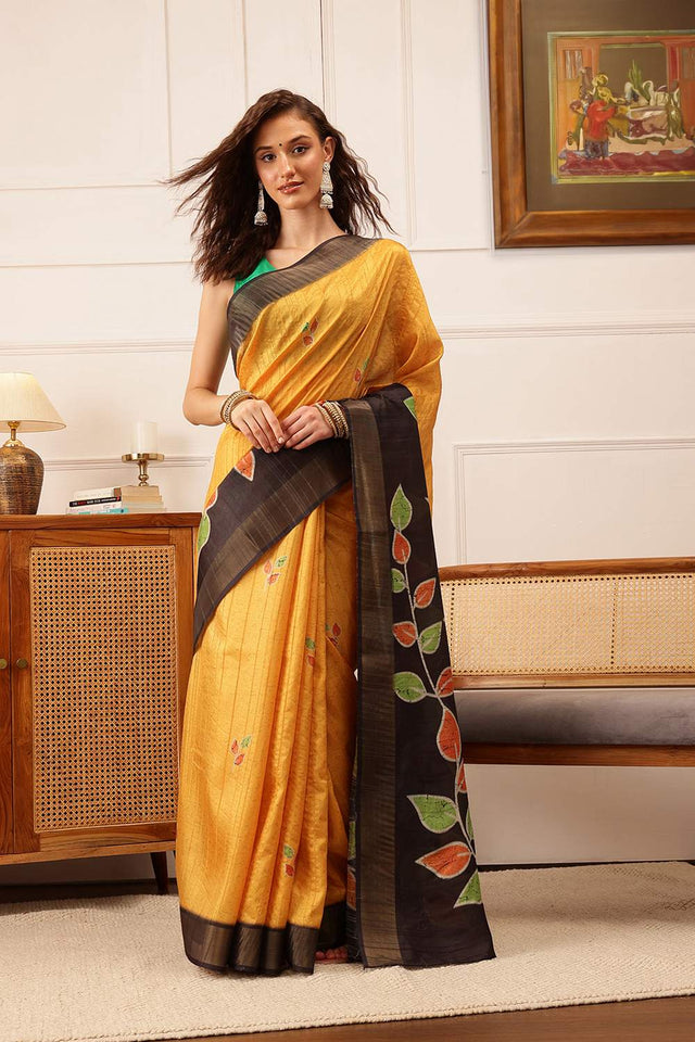 Mustard Floral Printed Silk Saree