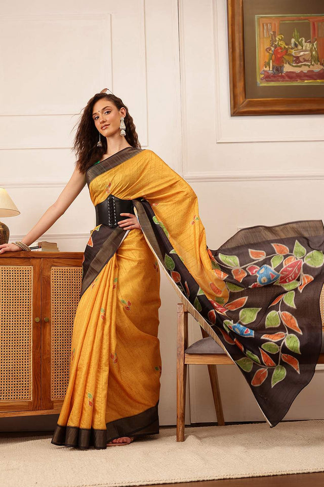 Mustard Floral Printed Silk Saree