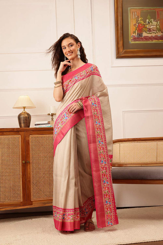 Beige Floral Printed Silk Saree