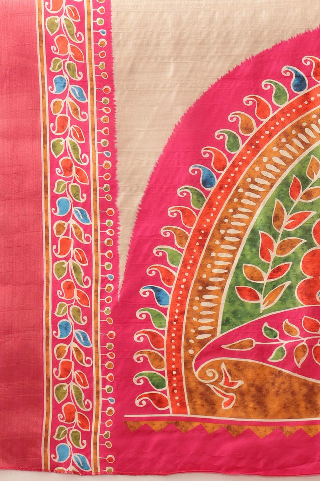 Beige Floral Printed Silk Saree