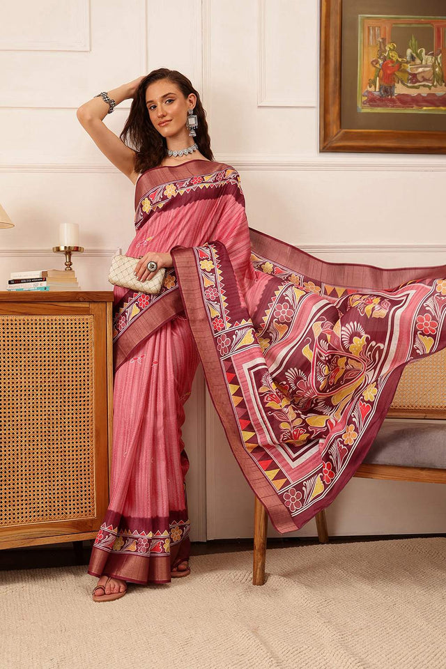 Pink Floral Printed Silk Saree