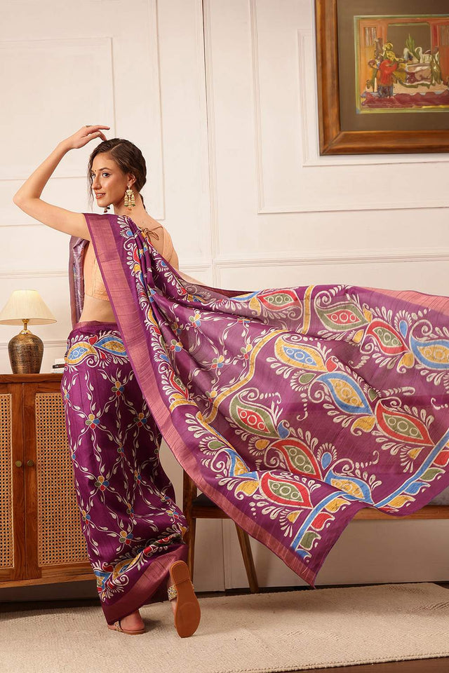 Violet Paisley Printed Silk Saree