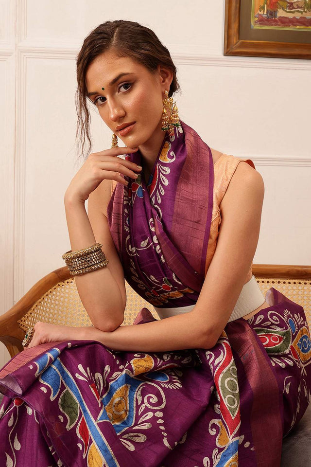 Violet Paisley Printed Silk Saree