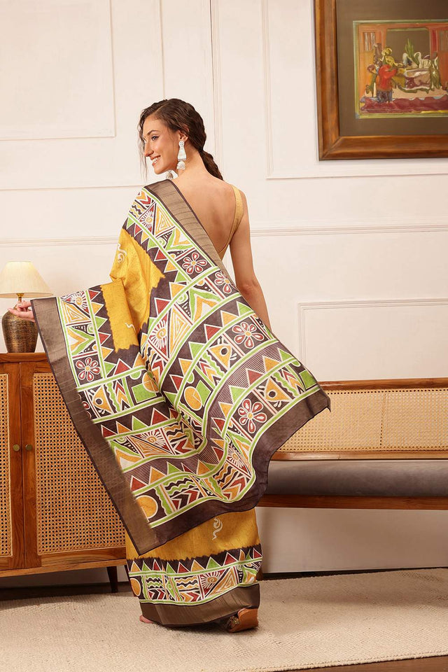 Yellow Warli Printed Silk Saree