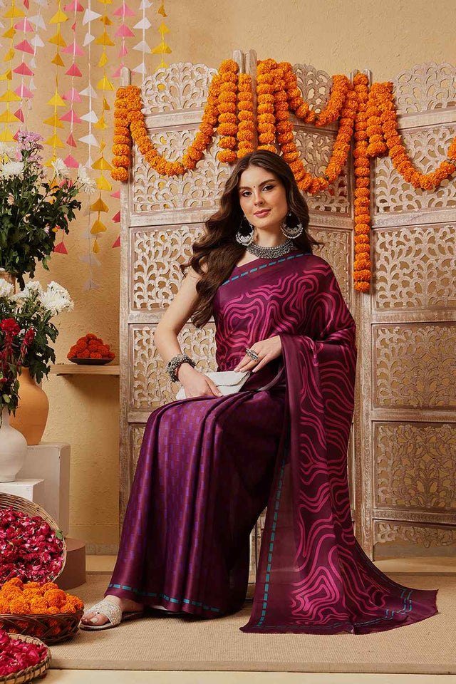 Violet Printed Satin Saree