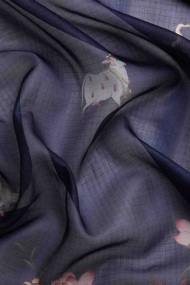 Navy Blue Animal Printed Silk Saree