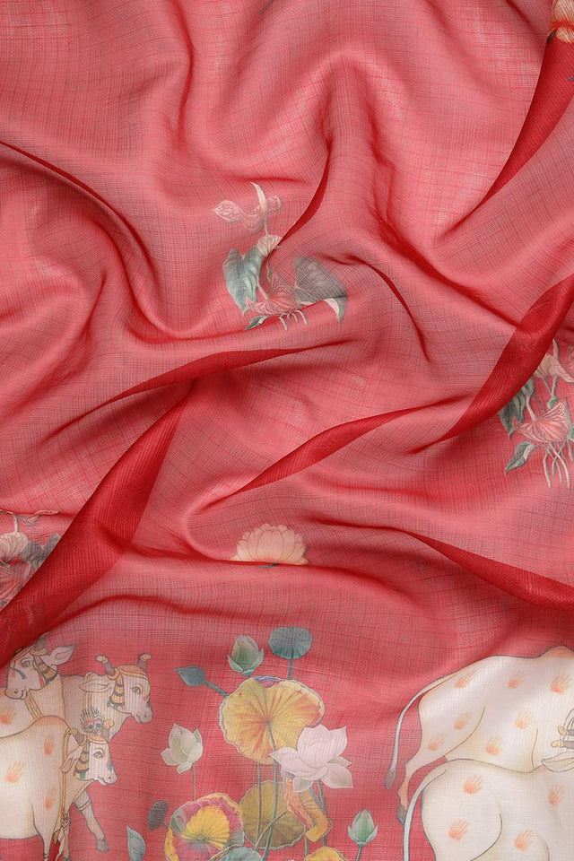 Red Animal Printed Silk Saree