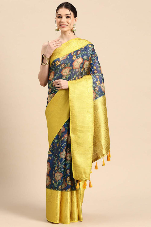 Blue Floral Printed Silk Saree