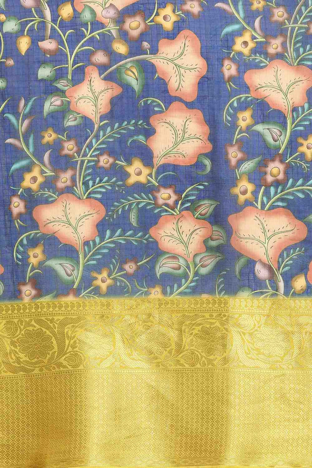 Blue Floral Printed Silk Saree
