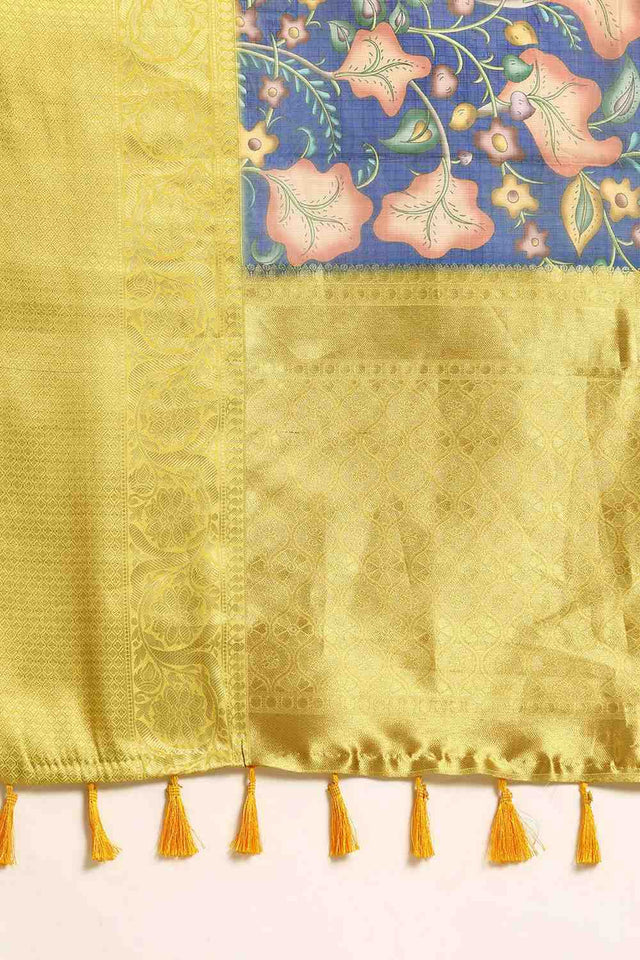 Blue Floral Printed Silk Saree