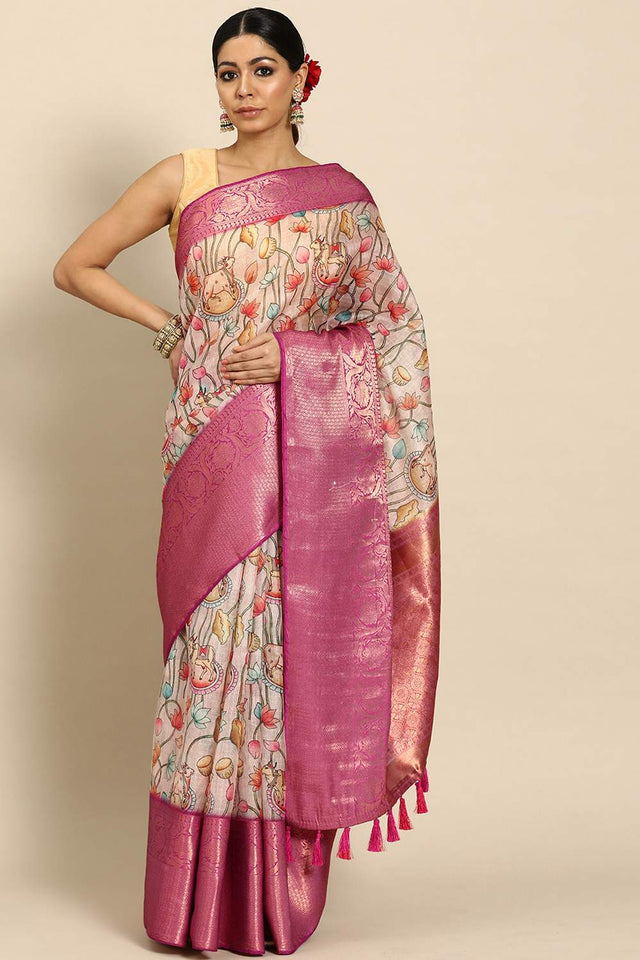 Beige Animal Printed Silk Saree