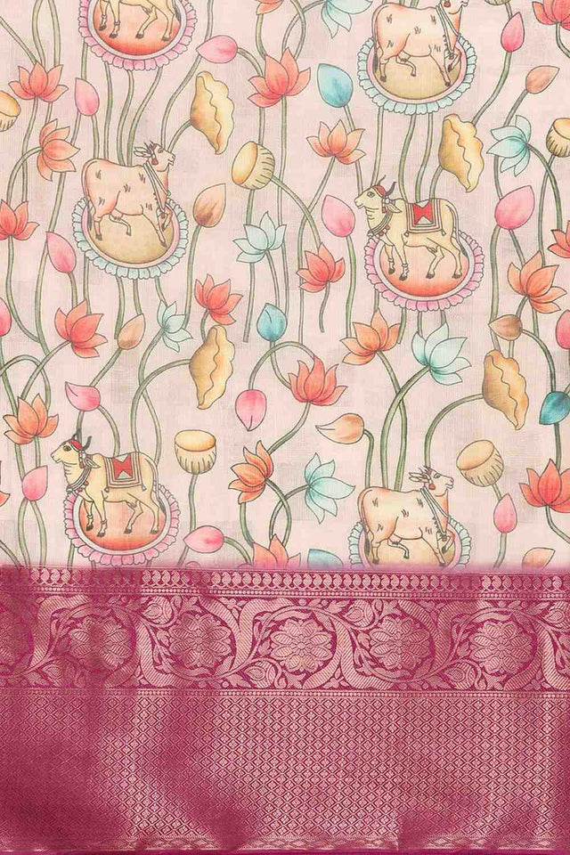 Beige Animal Printed Silk Saree