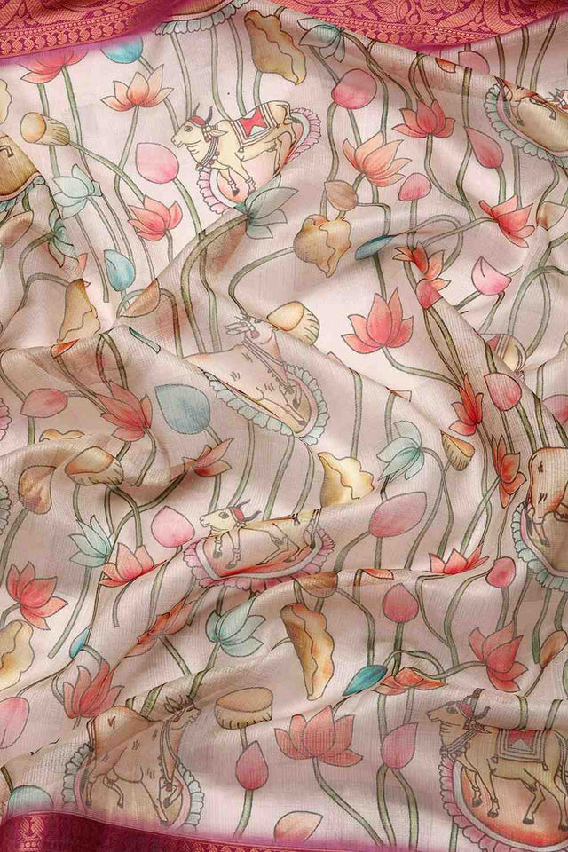 Beige Animal Printed Silk Saree